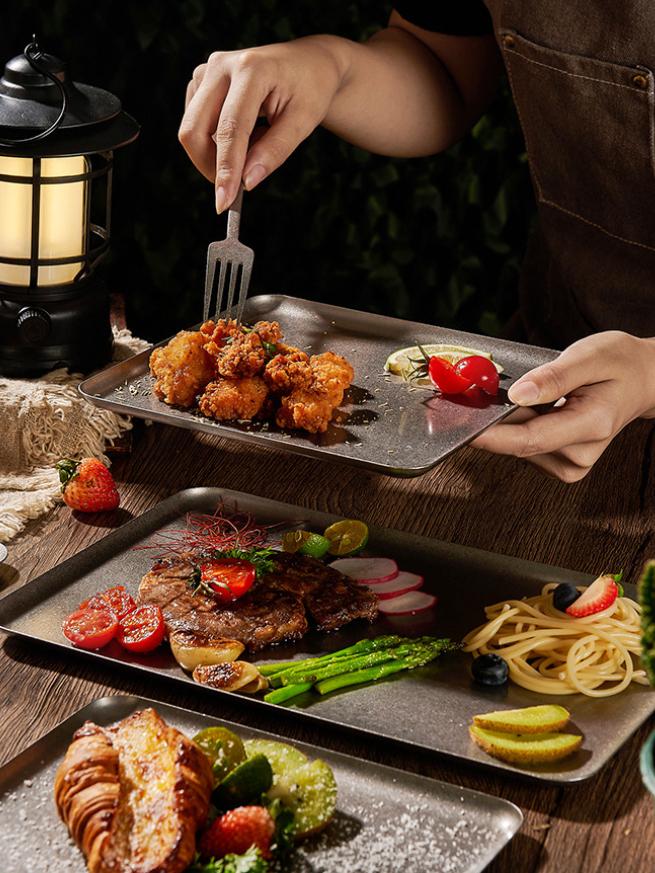 Steak Plate Stainless Steel BBQ Used Square Tray Steak Plate Restaurant Dessert Plate Roast Plate