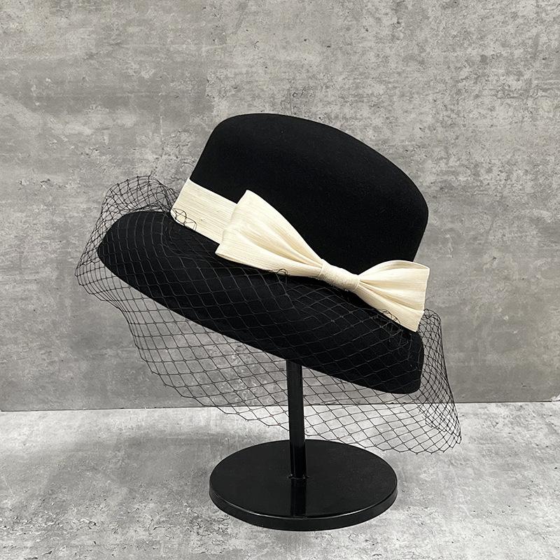

Mesh Wool Top Hat Women S 24 French Retro Hepburn Style Face Woolen Lampshade Fisherman Hat Adjustable чорний