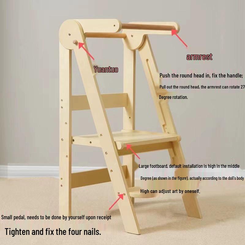 In Stock: Montessori Learning Tower Children's Foldable Wooden Step Stool with Armrest for Washstand.