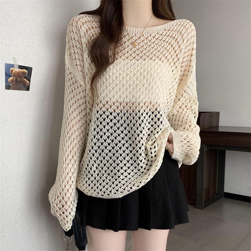 

Мода Женская одежда больших размеров Для полных девушек Круглый вырез Западный стиль Ажурная Сексуальная Оверсайз Трикотаж Накидка Длинный рукав Одежда для защиты от солнца Apricot color 4XL(Large size)