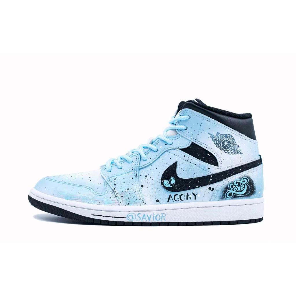 Jordan Air Jordan 1 Assurdo Fatto a Mano, Canto Stellato Blu Nebbioso Antiscivolo Mid top Scarpe da Basket Vintage Uomo DQ8426-132(Team1154-)