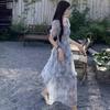 Retro square collar floral dress women's summer new super fairy Mori waist thin fungus edge long skirt