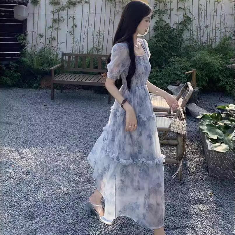 Retro square collar floral dress women's summer new super fairy Mori waist thin fungus edge long skirt
