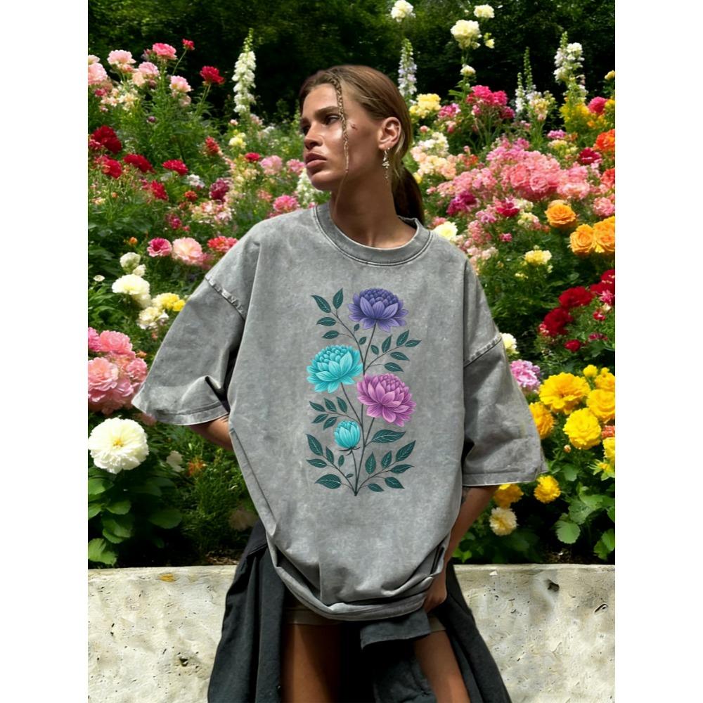 Aesthetic Flowers Branches Print Washed T-Shirt Women Breathable Cotton T Shirt Vintage Y2K Sportswear Loose Short Sleeve