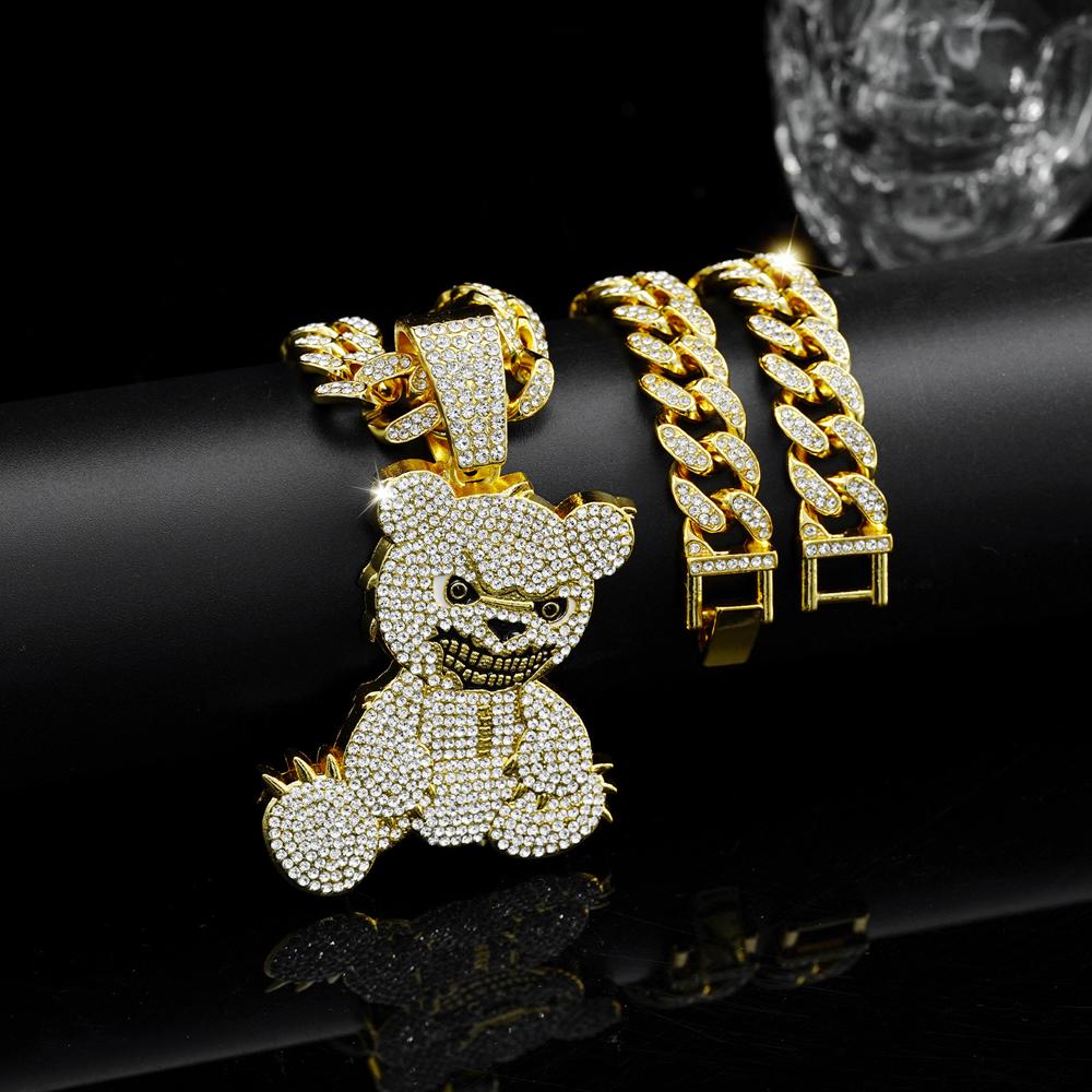 Hip Hop Aggressive Bear Pendants Necklaces with Miami Cuban Link Chain Brown Bear Men's Women Choker Collar Jewelry Accessories