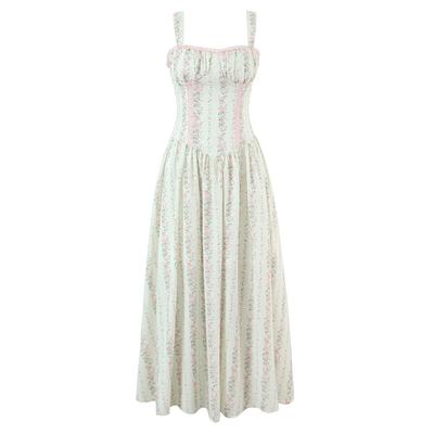 Romantic Floral A-Line Spaghetti Strap Dress for Women, Spring Arrival, French Seaside Vibe, Stunning Waist-Cinched, Wide Hem Design