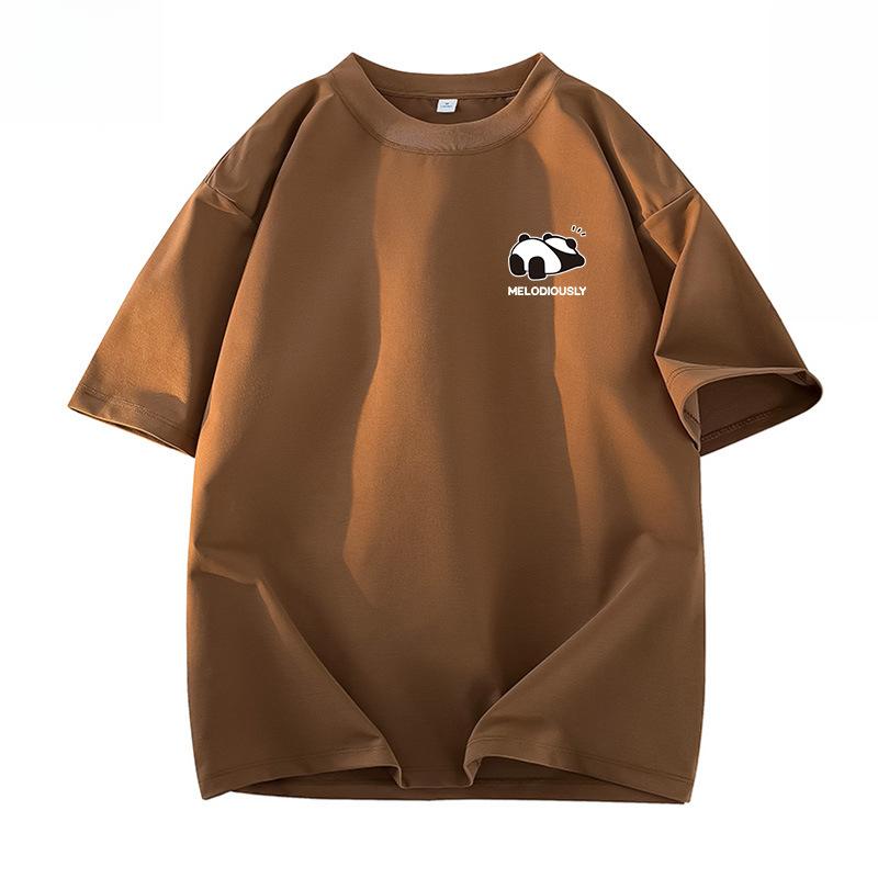 Sommerliches Baumwoll-T-Shirt mit lockerem Schnitt, Panda-Grafikdruck und Fünf-Minuten-Ärmeln