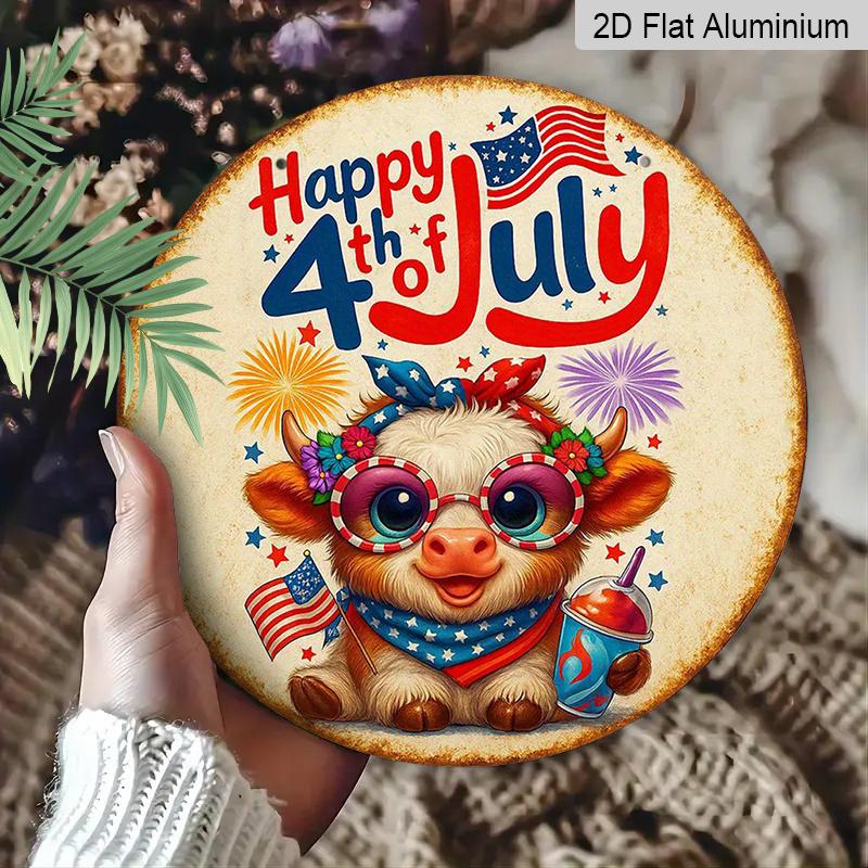 2D Flat, 1pc Round "Happy 4th of July" Highland Cow Aluminum Hanging Sign, Cute Patriotic USA Flag Firework Design, Vintage Metal Wall Decor, Perfect