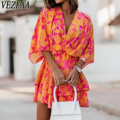 Women's Fashion Spring Autumn Flower Pattern Print 3/4 Sleeves V-Neck Middle Waistline Casual Dresses