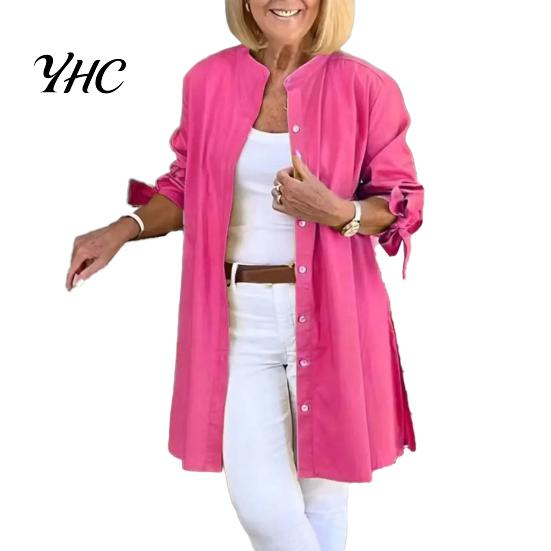 Skin-friendly Blouse Women Shirt Stand Collar Long Sleeve Lace-up Cuffs Buttons Placket Solid Color Loose Fit Mid-length L