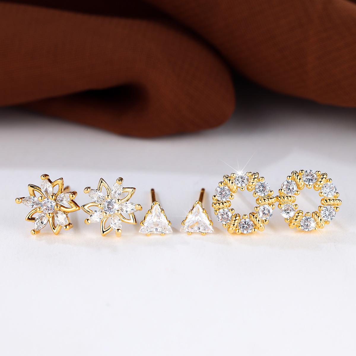 

Diamond stud earrings three-piece set, flower triangular zircon earrings, versatile design combination earrings золотой