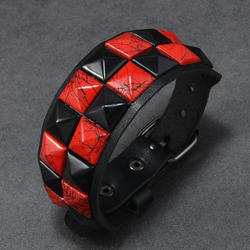 Studded Cuff Bracelet Double Row Square Studs Adjustable Closure PU Strap Punk Wrist Bangle for Concert Streetwear