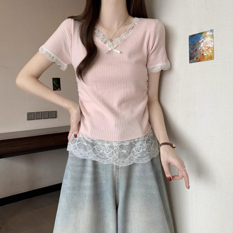 Women's V-Neck Lace Patchwork Slim Fit Short-Sleeve T-Shirt - 2025 Summer