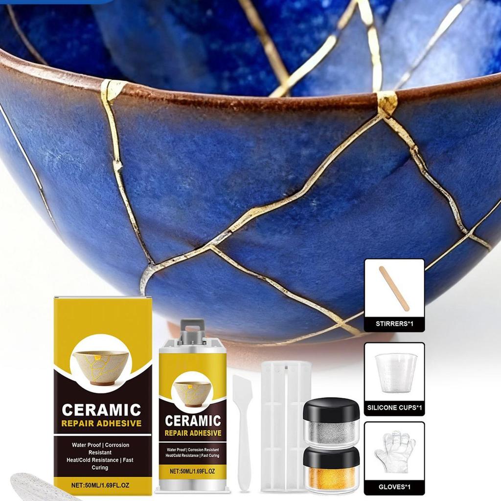Porcelain Repair Kit Glass Sculptures Repair Gold Adhesive Waterproof Adhesive for Saucers Vases Sculptures Bowl Toilet Plate