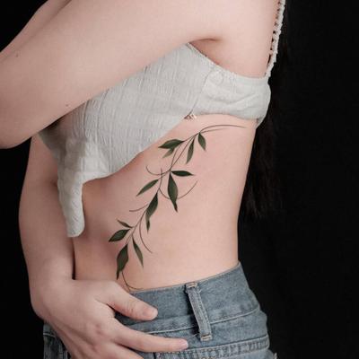Gradient Green Willow Branch Tattoo Sticker Waterproof And Long-Lasting Women'S Side Waist High-End Simulation Tattoo