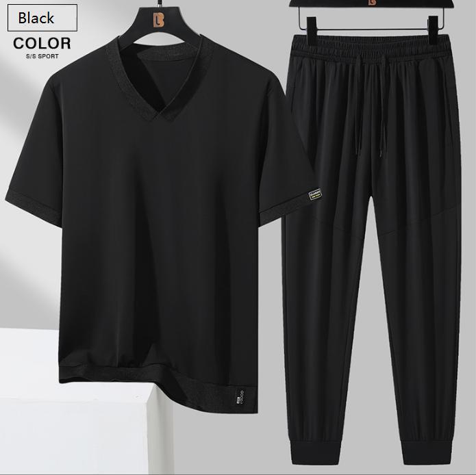 Ice Silk Short Sleeved Set Men's Summer Thin Breathable Elastic Casual Sportswear Two-piece Set