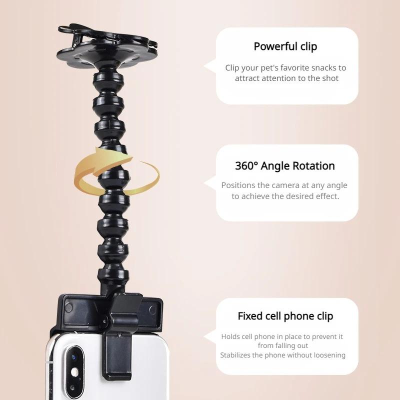 Pet Selfie Stick with Snack Holder 360 Rotation Phone Clip for Dogs Cats Attract Pets Look At Lens One Hand Pet Photography Tool