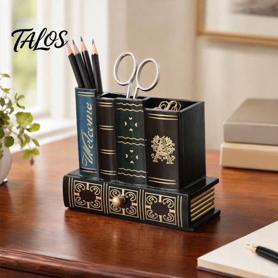 Creative Pen Organizer Wooden Book-Shaped Holder, Retro Desk with Drawer, Weighted Base Holder Storage Container for Pens Notes Paper Clips