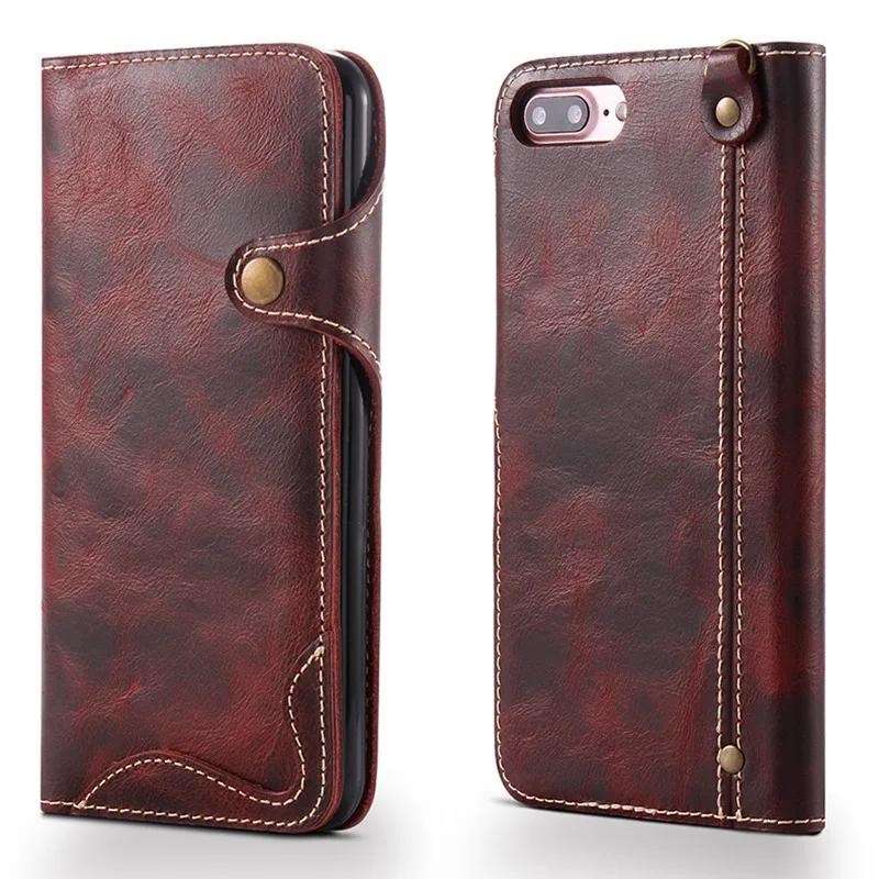 Naturalne etui ze skóry Genuine do IPhone 7 Plus 8Plus IPhone6 6Plus 6s 16 Pro Max Retro Vintage Flip Cover z kieszonką na karty i paskiem