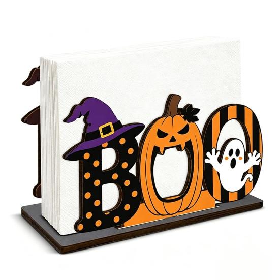 Holiday Gift for Kids Halloween Wooden BOO Napkin Holder, Cartoon Ghost Pumpkin Witch Hat Paper Towel Table Decor Wood Centerpiece Home Party & Dining