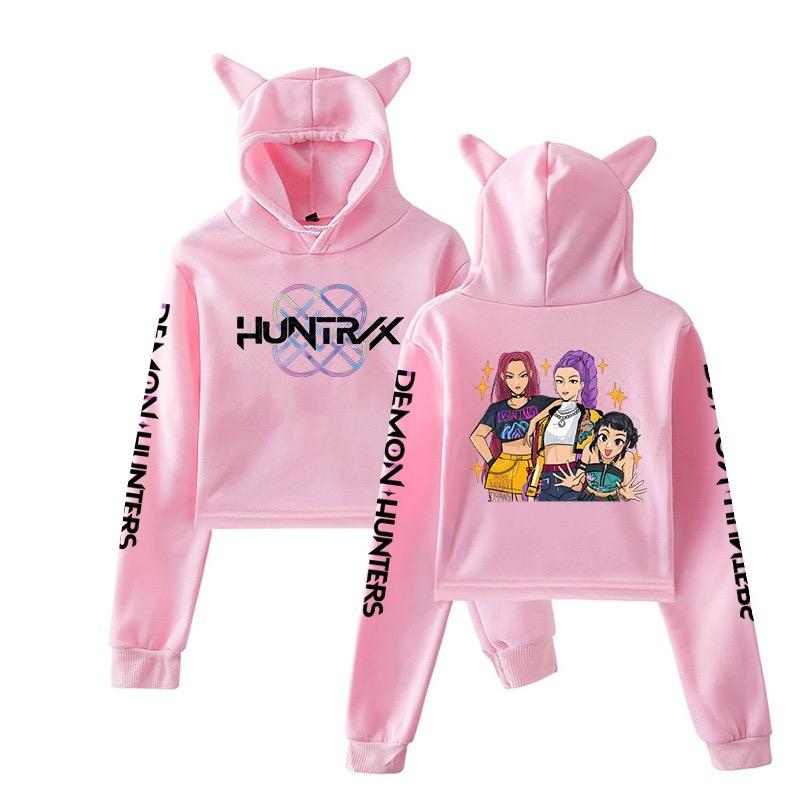 Kpop Demon Hunters Crop Tops Cat Ears Sweatshirt Long Sleeve Girls Fashion Hoodie Autumn Winter