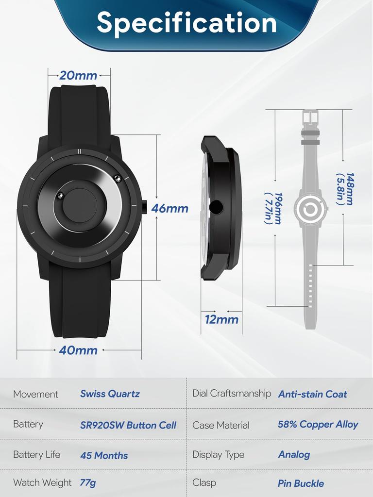 EUTOUR Magnetic Watch Men's Cool Simple Casual Quartz Watch Magnetic Ball Design 5ATM Waterproof 40MM Dial Rubber Band Black