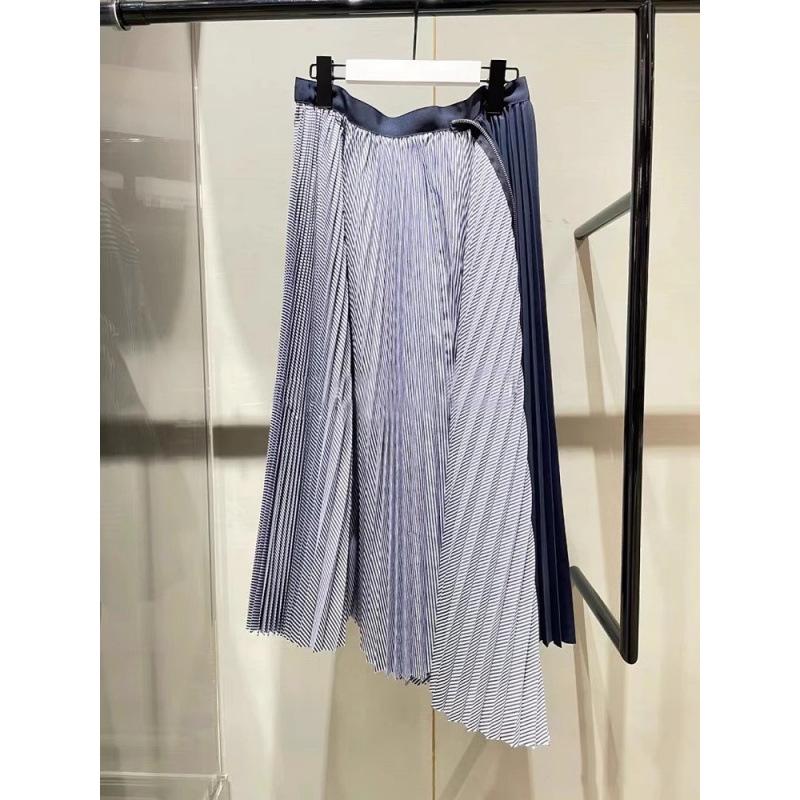 FOG SACAI SS23 Striped Patchwork Zipper Midi Skirt - Casual Pleated Design