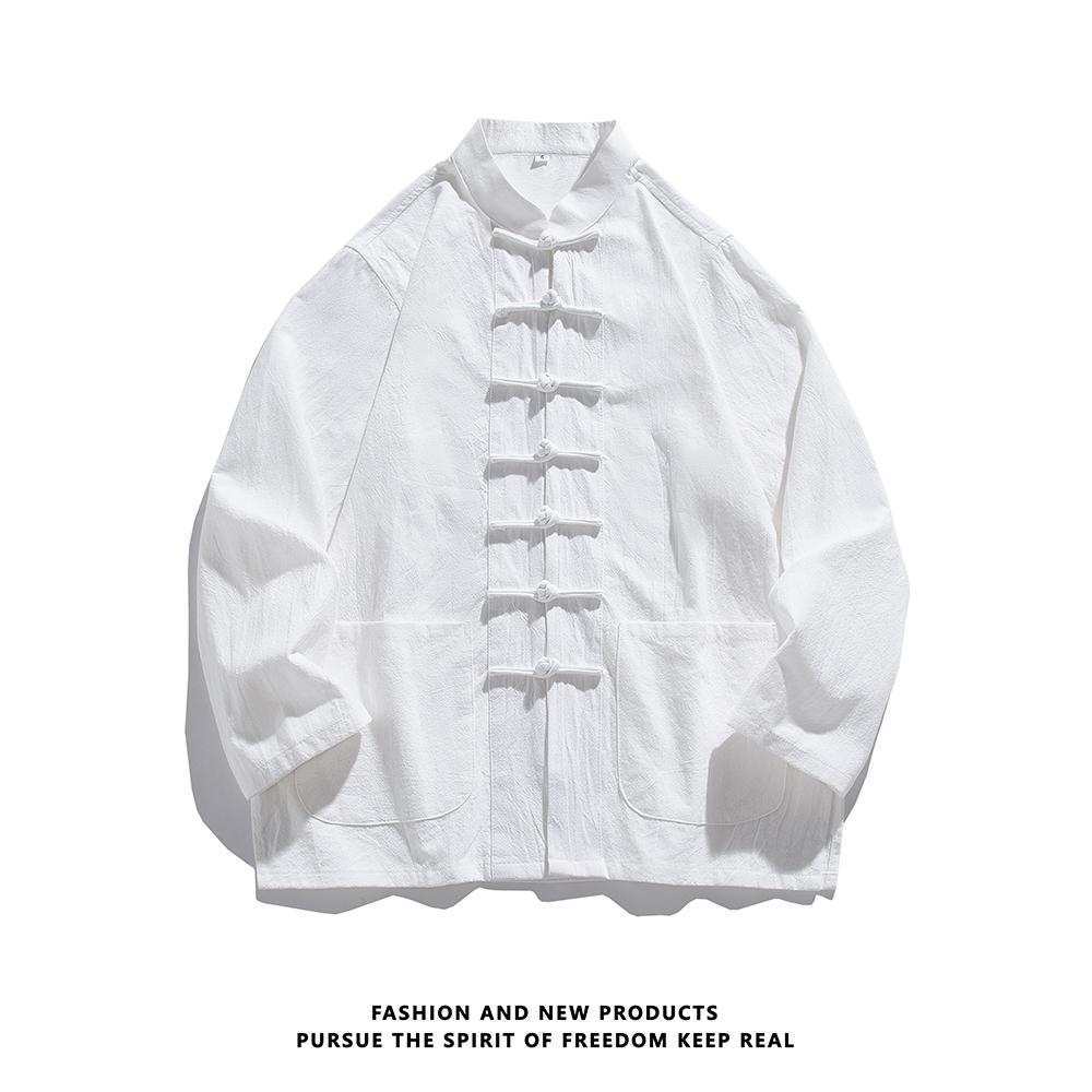 Herbst Herren Einfarbiges Hemd Herren Langarm Chinesischer Stil Hemden Tang Anzug Herren Retro Kung Fu Tai Chi Oberteile Weiße Hemden