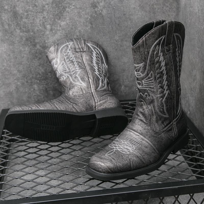 Fashion Luxury Cowboy Boots Men Vintage Knight Shoes Outdoor Casual Leather Embroidery Flat Designer Motorcycle Boots 2024New West Boot