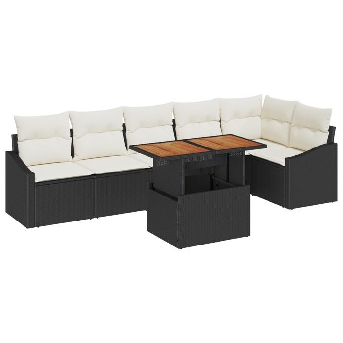 VidaXL Ensemble de salle à manger de jardin 7 pièces avec coussins noir en poly rotin acacia 3349844