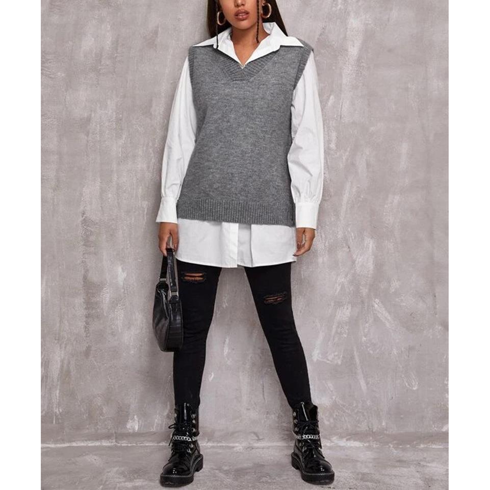 Women's Autumn and Winter Vest Women's Solid Color Top V-neck Slit Hem Sweater Vest Outside Clothes for Women