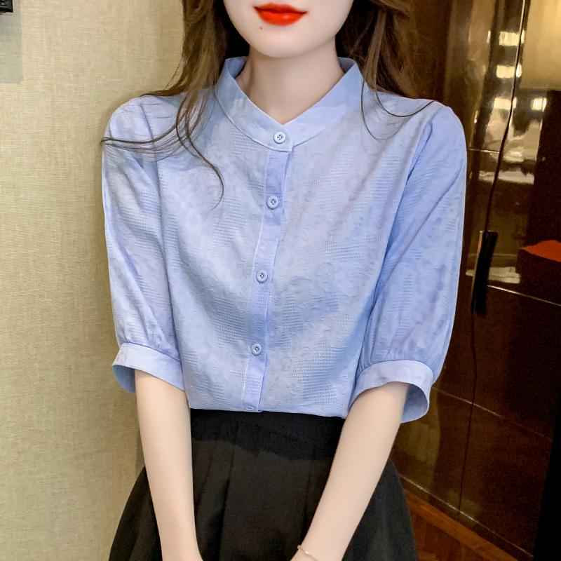 2024 Summer Women's Loose-Fit Pure Cotton Five-Sleeve Stand-Collar Top