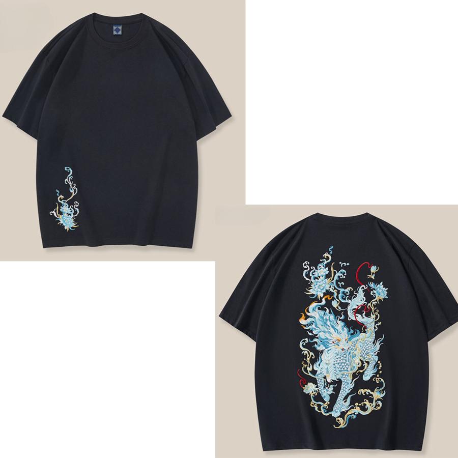 Kirin Cotton Short Sleeve Men's T-shirt Loose Large Size China-Chic Loose Tee Fashion Brand Round Neck Casual Tops