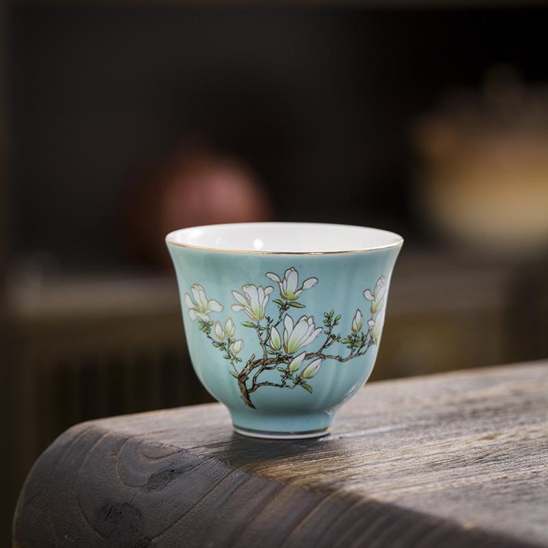 

70ml Emerald Ceramic Tea Cup Jade Orchid Flower Inscribed Gold Tea Cup Household Chinese High-end Kung Fu Cup Drinking Utensils 70ml