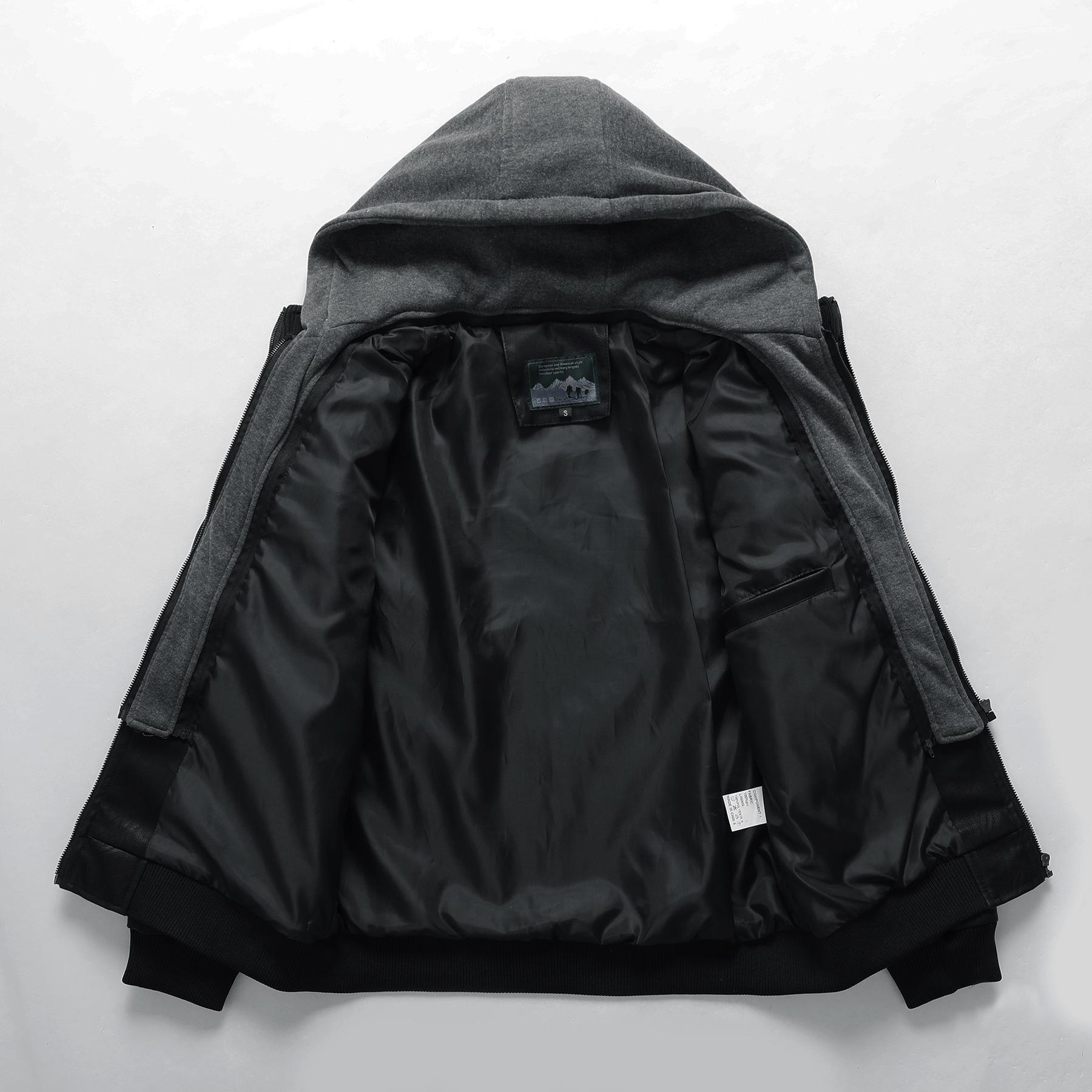 Осенне-зимняя мужская съемная трикотажная куртка из искусственной кожи с капюшоном — фото 5