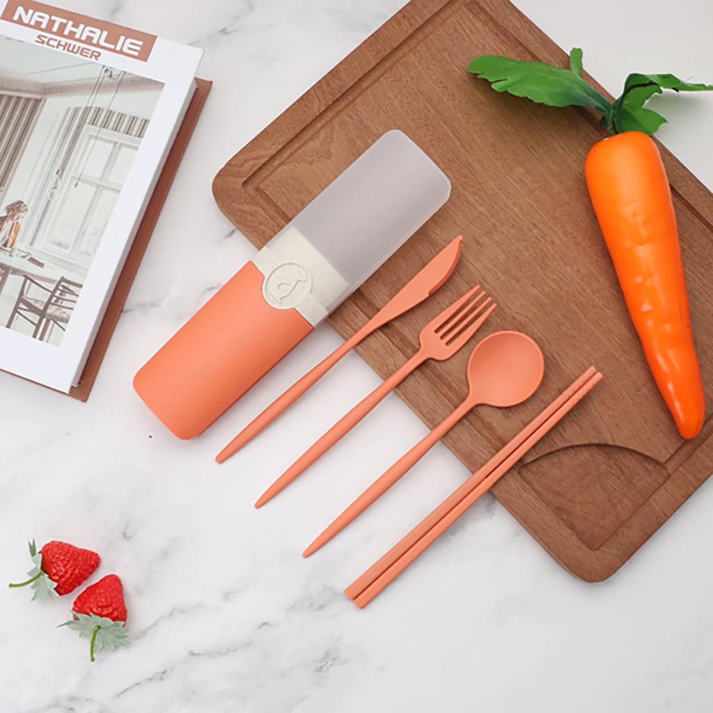 Vajilla portátil de paja de trigo, cuchillo, tenedor, cuchara, palillos, juego de vajilla con caja de almacenamiento, cubiertos de viaje para estudiantes para fiesta de barbacoa