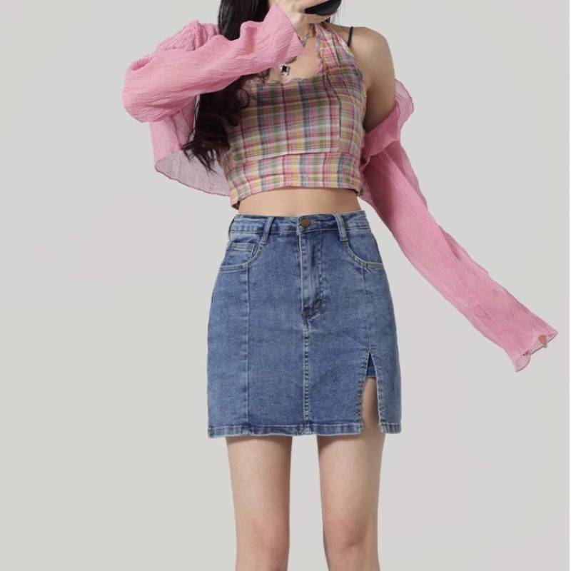 Summer High Waist Aline Denim Skirt With Side Slit For Casual Wear Teens