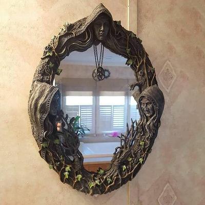 Keltischer Heiliger Mond Dreifache Göttin Mutter Jungfrau Crone Wandbehangspiegel mit Pentagramm Amulett Anhänger Plaque Dekor