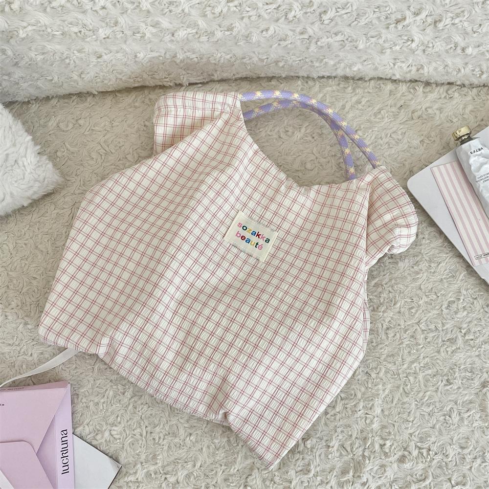 Summer plaid large-capacity shoulder bag portable tote bag shopping bag rope shoulder bag women