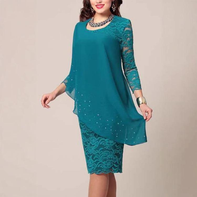 Elegant Slim Solid Color Lace Trim Three Quarter Sleeves Dress