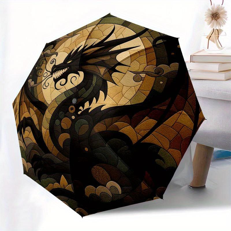 Stained Cute Dragon Wall Art: Vibrant, Decorative Panel for Any Room Umbrella, Cute Umbrella with Cute Design, Portable 3-Fold Compact Umbrella for Me
