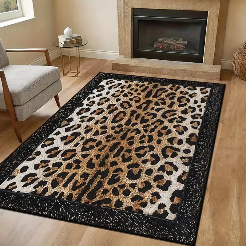 Living Room Rug Black Leopard Print Living Room Decorative Rug Wild Animal Themed Rug Rectangular Printed Rugs Ins