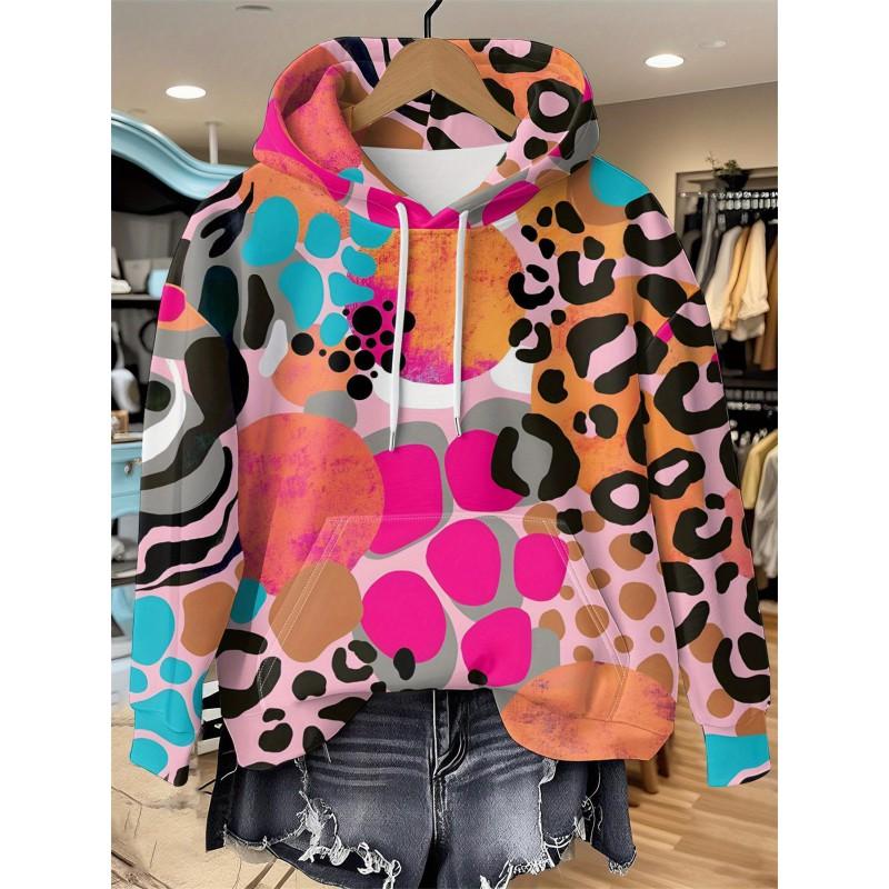Womens Relaxed Fit Hooded Long Sleeve Sweatshirt With 3D Floral Plaid Print Breathable Comfort Casual Top