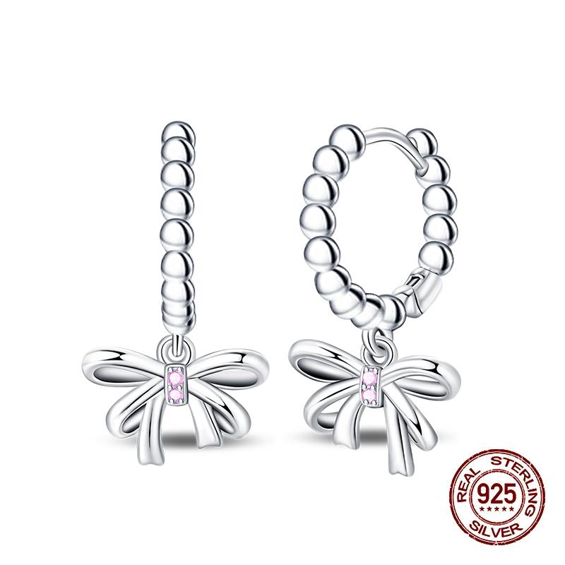 New Earring For Women 925 Silver Sparkling Cordate Zircon Pink Bow Princess Double Hoop Earrings Luxury Festival Party Jewelry
