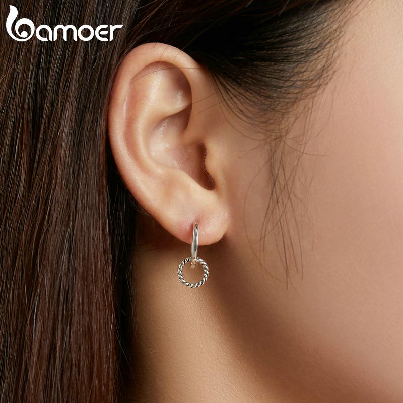 Bamoer 925 Sterling Silver Vintage Double Circle Ear Buckles Interweave Twist Round Earrings for Women Fine Jewelry Gift SCE1199