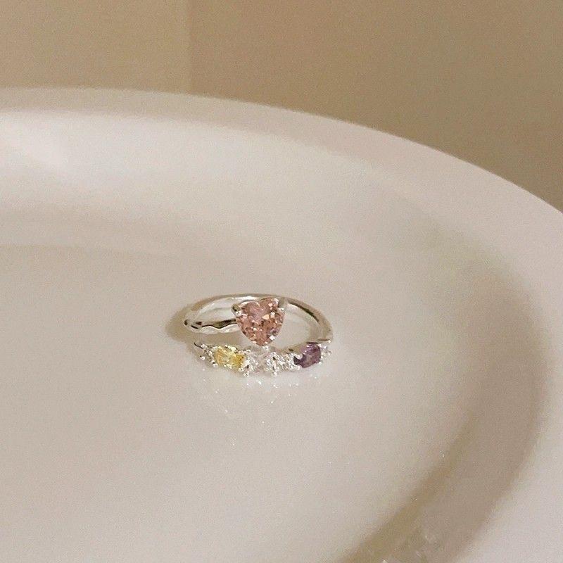 Sweet and cool wind pink diamond love ring, female summer niche design ring, exquisite opening adjustable index finger ring