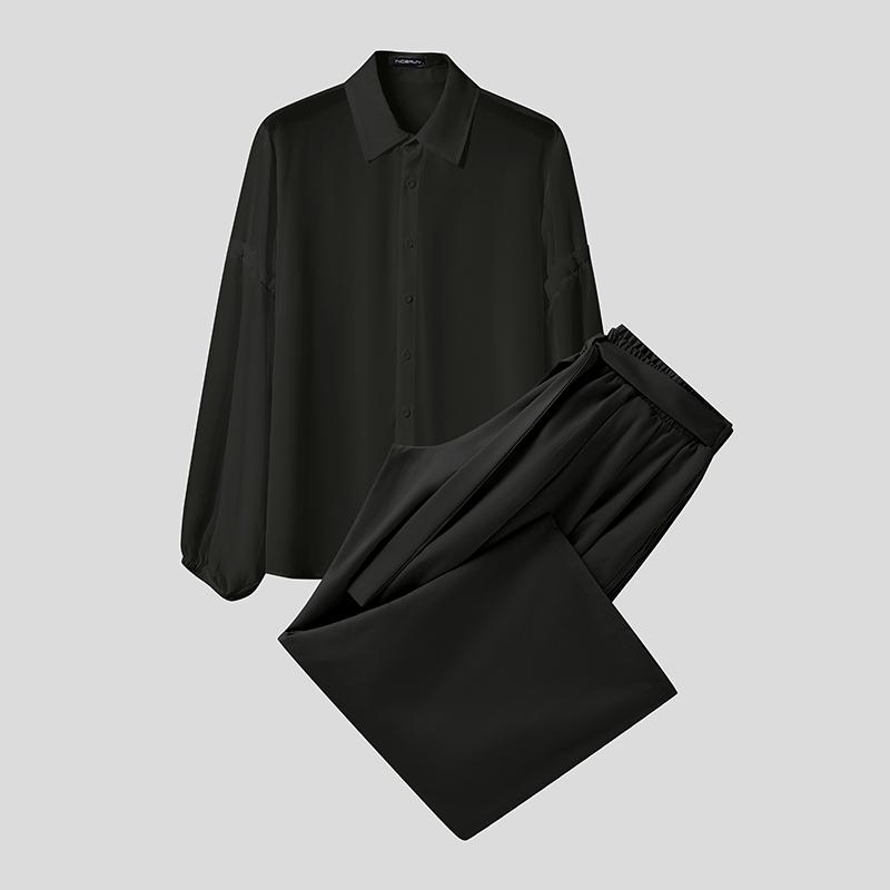 

INCERUN 2PCS Men Lapel Neck Semi-Sheer Long Sleeve Shirt Long Wide Legs Pants Sets Outfits S чорний