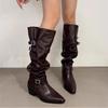 Korean version of retro niche belt buckle two wear pile boots women 2025 autumn and winter new thick heel pointed knee boots