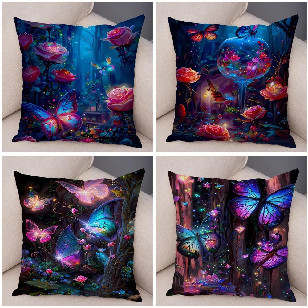 Tecknad Blomma Fjäril Djur Kuddfodral Dekor Blomma Kuddfodral för Soffa Hem Bil Fantasi Skog Mjuk Plysch Kuddfodral