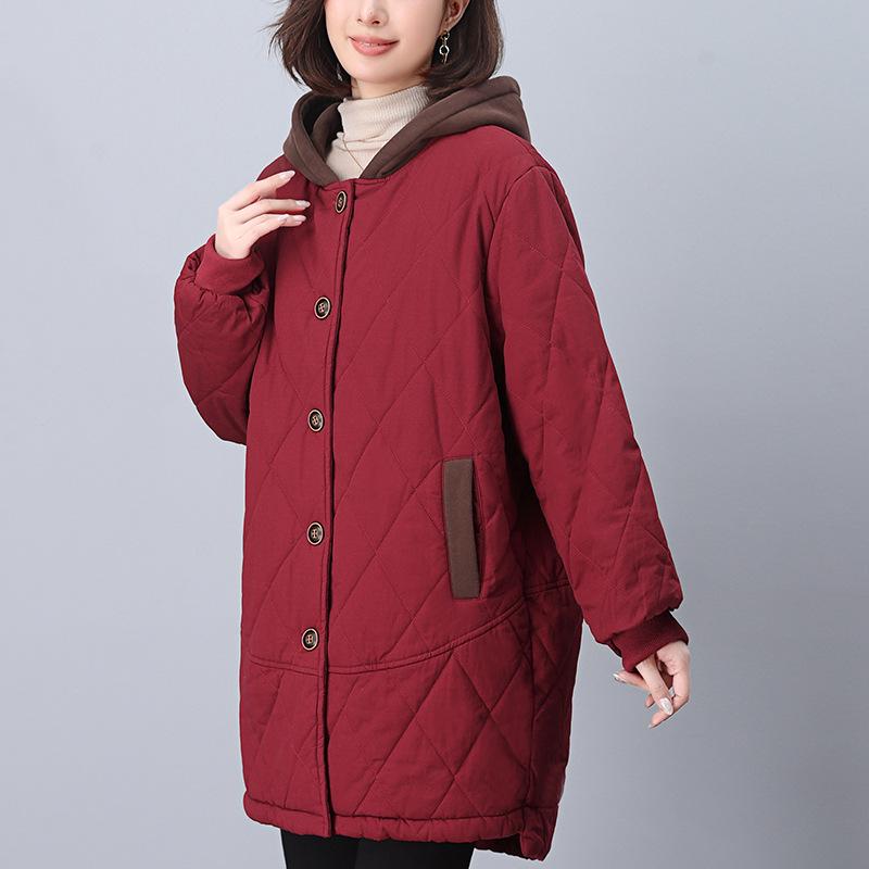 2024 Women's Mid-Length Fleece-Lined Cotton Coat - Plus Size, Loose Fit, Warm Winter Jacket for Middle-Aged Women